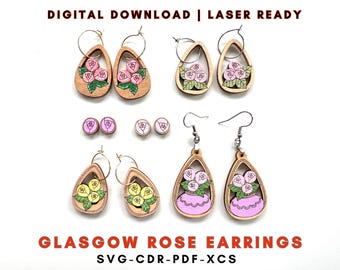 Flower SVG Earrings Glasgow Macintosh Rose Earrings Dangles Studs 4 variations for Laser Cutters