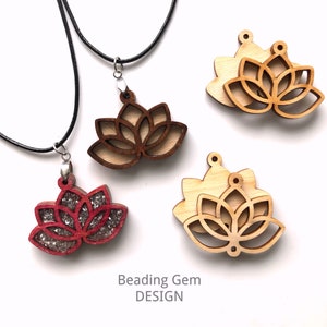 May include: Three wooden lotus flower pendants, one with a red and silver glitter inlay, one with a natural wood finish, and one with a natural wood finish with a second layer of wood.