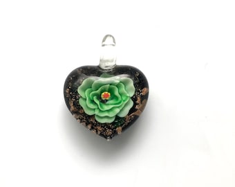 Flower Lampwork Glass Puffy Heart Pendant with Loop Bail - Green Bloom on Black background 37mm x 31mm x 14mm