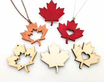 Large Wood Maple Leaf Pendants - Brooch - Fall Ornament with Heart Love Canada Patriotic