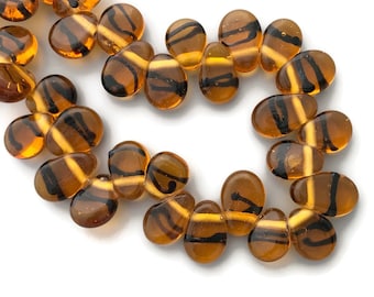 20 PC Side Drilled Flat Teardrop Glass Beads - Honey Amber Colored with Black Stripes - 15 mm x 10 mm