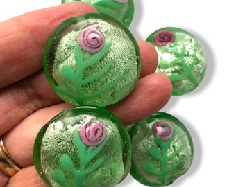 Lampwork Puffy Flat Round  Disc Bead - Silver Foiled Green with Pink Flower Accent - Double Sided -  Handmade -  Can be used as Cabochons