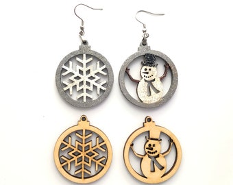 Wood Snowman and/or Snowflake Christmas for Earrings Pendant or Ornament - Unfinished Blanks