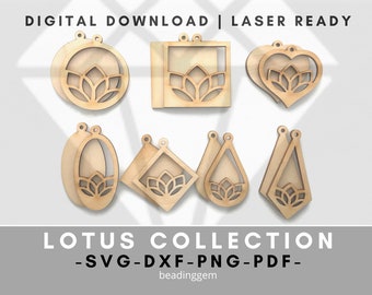 14 PC SVG Cut File Lotus Flower in Frames Collection | Layered Inlay Bezel Pendant & Earrings Designs