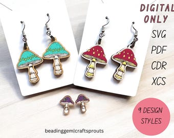 SVG Mushroom Earrings  Laser Cut File: 9 Styles, Glowforge xTool (Digital Download)