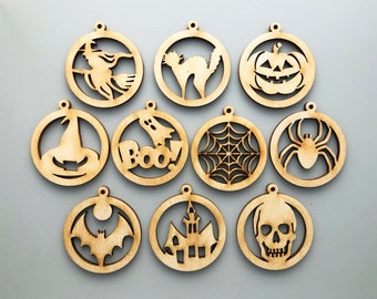 Wood Halloween Blanks 10 pc Set | Earrings | Pendant | Decor | Skull Spider Web Witch Hat Hissing Cat Ghost Bat Haunted House Pumpkin