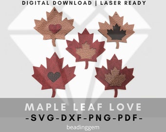 SVG Laser Cut Files Maple Leaf Canada Day Love Heart for Layered Pendants and Earrings png pdf dxf - Glowforge etc