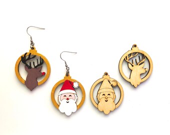 Wood Santa Claus and/or Rudolf Reindeer Christmas Earrings Pendant or Ornament - Unfinished Blanks