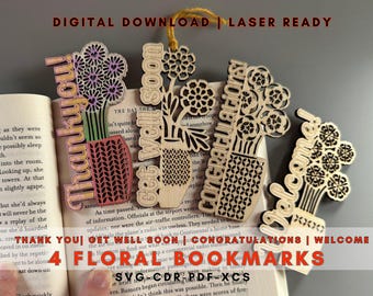 SVG Floral Occassion Bookmarks 4 Designs Thank You Welcome Congratulations Get Well Soon