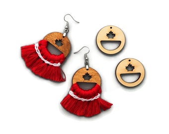 Wood Macrame Round Earrings with Maple Leaf Cut Out - Unfinished Blanks - Fall Autumn Canada Day