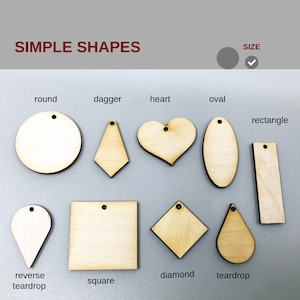 Formes simples en bois pour pendentifs et boucles d'oreilles taille 2 découpées au laser - carré ovale rond poignard coeur larme larme inversée rectangle diamant