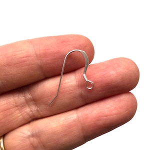 May include: Silver earring hook with a loop at the end. The hook is bent into a gentle curve.