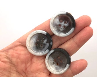 3 pc Handmade 4 Hole Resin Buttons - Bicolor Dark Grey and Pearlescent White - OOAK