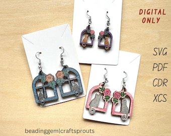 SVG Set of Cat in Window Earrings Pendant Laser Cutting File 3 Designs and Sizes GlowForge xTOOL Paintable Design