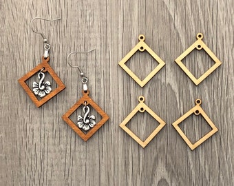 Square Wood Frames for Earrings or Pendants | Double Holes for Hanging Charms | Unfinished Blanks | Geometric