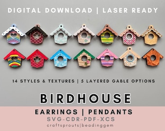 Bundle Tiny Birdhouse Earrings Pendants SVG File for Laser Cutters - Varied Textures Styles Gable Designs - Paint Your Own Designs Kawaii