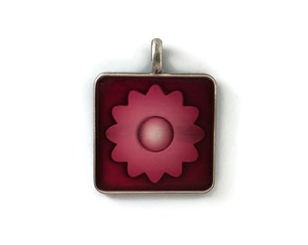 Large Pink Flower Power Glass and Metal Square Pendant Focal - 46 mm x 36 mm