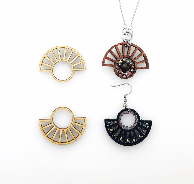 Pendants or Statement Earrings Large Wood Fan with Tribal Style Unfinished Blanks Half Wheel Frames