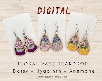 Flower Earrings SVG Bundle :  Teardrop Vase Pendant Daisy Anemone Hyacinth Vase