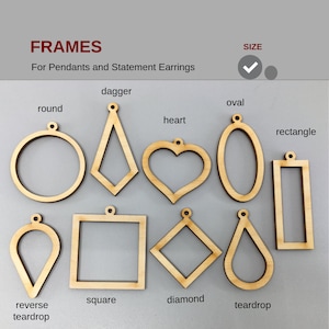 May include: Assortment of wooden earring frames in various shapes, including round, dagger, heart, oval, square, diamond, teardrop, and rectangle. The frames are designed for pendants and statement earrings.