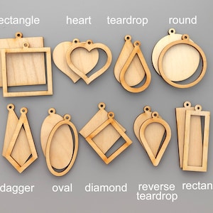 May include: Assortment of 10 different wooden earring shapes, including rectangle, heart, teardrop, round, dagger, oval, diamond, and reverse teardrop. The shapes are cut from natural wood and are ready to be painted or stained.