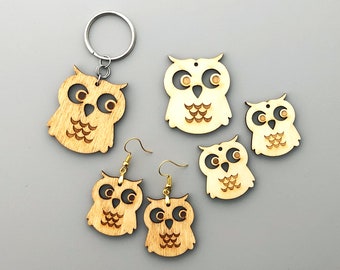 Wood Owl Charms - Pendant - Earrings - Key Chain - Unfinished Blanks - 2 Sizes