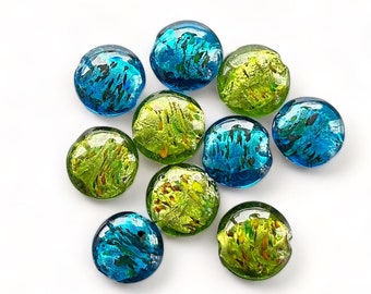 Lampwork Puffy  Round  Disc Bead - Silver Foiled Abstract Pattern - Green or Blue -  Handmade -  28 mm x 28 mm x 14 mm Use as Cabochons