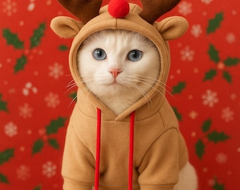 Puede incluir: Un gato blanco con ojos azules que lleva una sudadera con capucha de reno color canela con cuernos marrones y un pompón rojo. La sudadera tiene cordones rojos. El fondo es rojo con copos de nieve blancos y acebo verde.
