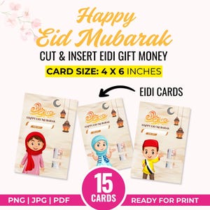Biglietti Eid Mubarak, 15 biglietti Eid, porta biglietti Eidi Money, buoni regalo Eidi per bambini, biglietti Eid Mubarak divertenti, biglietti regalo Eid stampabili in formato PDF