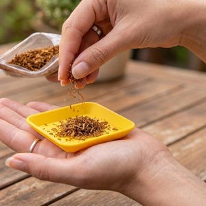 Può includere: Un piccolo vassoio quadrato giallo brillante tenuto nel palmo di una mano, contenente un mucchio di foglie di tabacco marrone sminuzzate. Un sacchetto di plastica trasparente pieno di altro tabacco marrone si trova sopra il vassoio giallo.