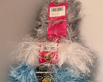 Lion Brand FUN FUR Yarn 3 OPENED Skeins  Discontinued Lt Blue, Silver & White