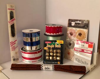 Craft Grab Box: Zipper, Ribbon, Jingle Bells, Prima Flowers, Fabric, Google Eyes for Crafting Fun!