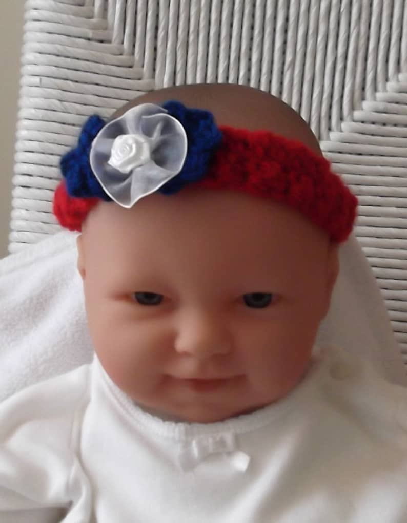 USA.... White and Blue Headband 0 up to 3 Month Size....Military Baby....Red Patriotic Headband....