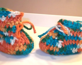 Cuffed Baby BOOT ~*~ All HandCrocheted ~*~ Sized for 9 up to 12 Month ~*~ Boy or Girl Baby ~*~ Multi Colors of Rust, Green, Orange & Cream