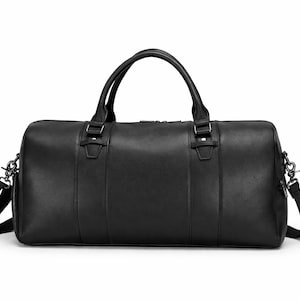 Full Grain Black Leather Duffle Bag – Handmade Weekender Travel Bag with Shoe Compartment