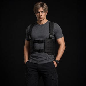 Può includere: Un pettorale tattico nero caratterizzato da un pannello modulare con fessure tagliate al laser, spallacci regolabili e due cinghie pettorali orizzontali con fibbie a sgancio rapido, indossato sopra una t-shirt grigio antracite a maniche corte.