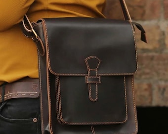 Vintage Dark Brown Crazy Horse Leather Satchel, Men's Crossbody Messenger Bag