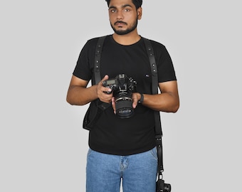 Personaliza tu arnés de cuero doble para cámara Stral con correa de hombro ajustable para DSLR. Accesorios para cámara.