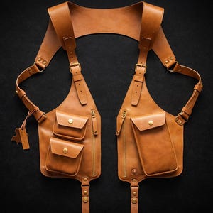 Puede incluir: Un portafusil de hombro de cuero marrón con múltiples bolsillos y correas ajustables. El portafusil tiene un diseño simétrico con dos paneles principales, cada uno con un compartimento con cremallera y bolsillos más pequeños.