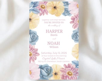 Convite de casamento editável amarelo, azul e rosa, convite de casamento floral, convite de casamento colorido, casamento primavera/verão, casamento pastel