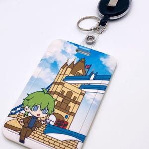 Leuke handgetekende ID-kaarthouder/badgehouder – kawaii esthetisch kantooraccessoire / uittrekbare haak / tower bridge