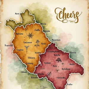Art mural élégant de carte des régions viticoles, affiche italienne Vineyard Cheers, téléchargement numérique personnalisable, cadeau pour amateur de vin, imprimable 300 dpi