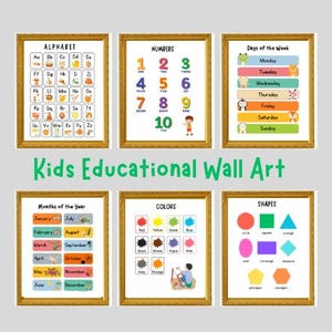 Educatieve muurkunst set van 6, alfabet- en cijfersposters voor kinderen, thuisonderwijs en klas, cijfergrafiek speelkamerkunst voor peuters