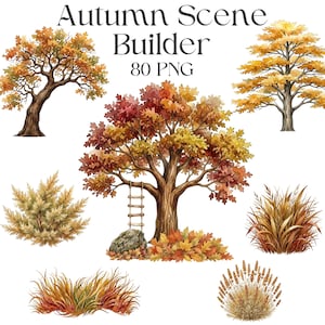 Könnte beinhalten: Eine digitale Sammlung mit dem Titel Autumn Scene Builder 80 PNG, die Aquarell-Illustrationen verschiedener Bäume mit orangefarbenem, gelbem und rotem Laub, eine an einen Stamm gelehnte Holzleiter, einen Felsen und verschiedene Herbstgräser zeigt.