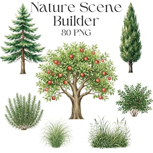 Può includere: Una collezione digitale intitolata Nature Scene Builder 80 PNG che presenta illustrazioni in stile acquerello di varie piante e alberi, tra cui un grande melo, un pino, un cipresso, un cespuglio di rosmarino e due tipi di erbe selvatiche.