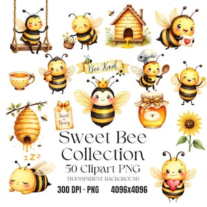 May include: A collection of watercolor illustrations featuring adorable bees. The images include bees on swings, carrying flowers, and holding honey pots. The text "Sweet Bee Collection" and "50 Clipart PNG" is also visible.