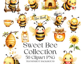 50 bijen clipartbundel, schattige kawaii bij, aquarel honingbij clipart, 12 x 12 commercieel gebruik png, Cottagecore-graphics, plakboekelementen