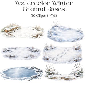 Può includere: Testo Watercolor Winter Ground Bases 30 Clipart PNG sopra sei distinte illustrazioni di terreno innevato, tra cui un tronco, impronte di animali, uno stagno ghiacciato e chiazze di terreno coperto di neve con erba secca, pigne e piccole rocce.