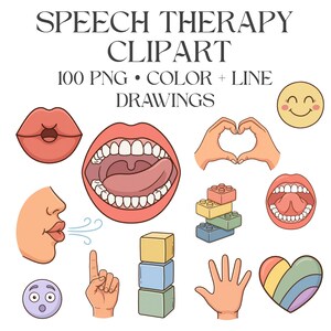 May include: A digital collection of speech therapy clipart featuring 100 PNG colour and line drawings. The set includes illustrations of mouths, tongues, hands forming shapes, building blocks, a rainbow heart, and various facial expressions.