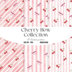 Puede incluir: Colección de patrones sin costuras con cerezas y lazos. Los patrones incluyen cerezas rojas, lazos rosas y rayas rosas sobre un fondo blanco. Se muestra el texto "Cherry Bow Collection".